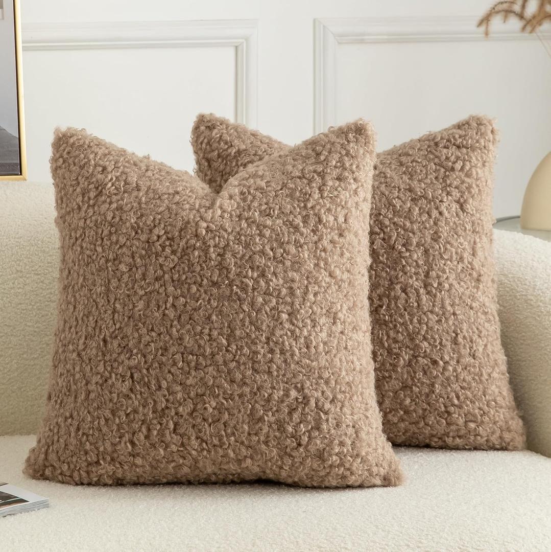 Pack of 2 Curly Teddy Wool Faux Fur Throw Pillow Covers Fuzzy Accent Soft Sherpa Pillowcases Sheepskin Fleece Decorative Cushion Case for Sofa Couch Living Room 18x18 Inch Khaki