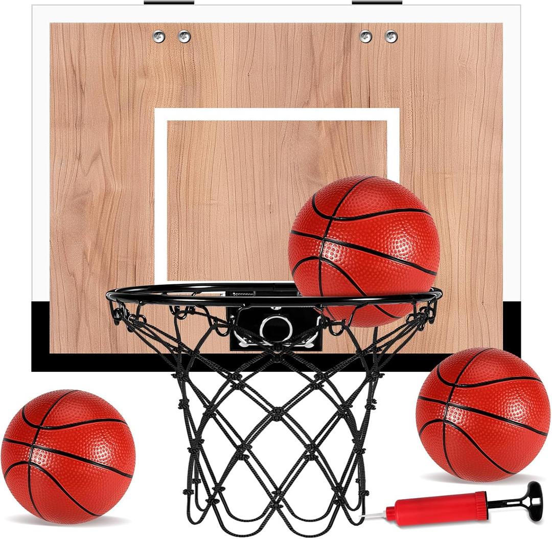 Indoor Basketball Hoop for Kids, Mini Basketball Hoops Over The Door and Wall Mount with Wooden Backboard, 3 Balls and Pump, Idea Toys Gifts for Kids and Adult