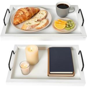 Besti Rustic Vintage Food Serving Trays (Set of 2) | Nesting Wooden Board with Handles | Stylish Farmhouse Decor Serving Platters | Large: 15 x2 x11 - Small: 13 x2 x9 inches (Rustic Off White)