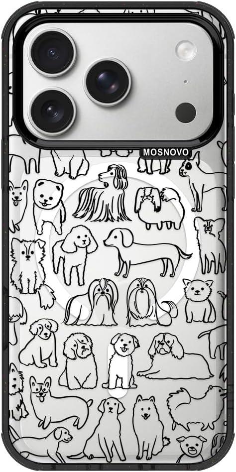 MOSNOVO for iPhone 17 Pro Case | Compatible with Magsafe | Military Grade 10ft Drop Tested | Camera Control | Clear Black with Doodle Dog Design