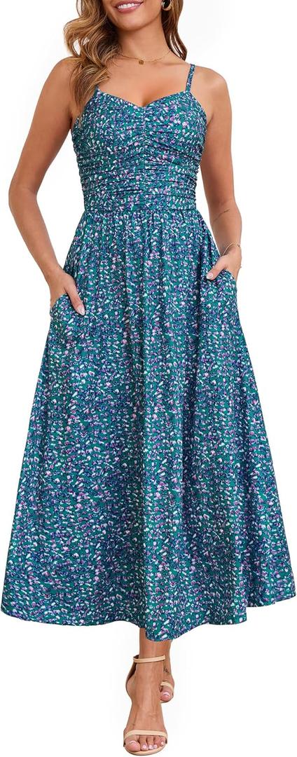 Annebouti Women 2026 Summer Spring Ruched Maxi Dress Adjustable Spaghetti Strap Floral Beach Long Sundress with Pockets (Teal, L)