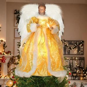 Christmas Decorations, Angel Tree Topper with Lights, 8 Modes Tree Ornament with Timer, Battery Operated Lighted Treetop Ornaments Indoor Decorations (Gold Skirt With 2 Bulbs)