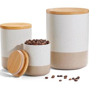 Yangbaga Canisters Sets for Kitchen CountertopSet of 3 Ceramic Kitchen Canisters Food Storage Jar with Airtight Wood Lids & Spoons & Label,Large Flour and Sugar Containers for Serving Ground Coffee