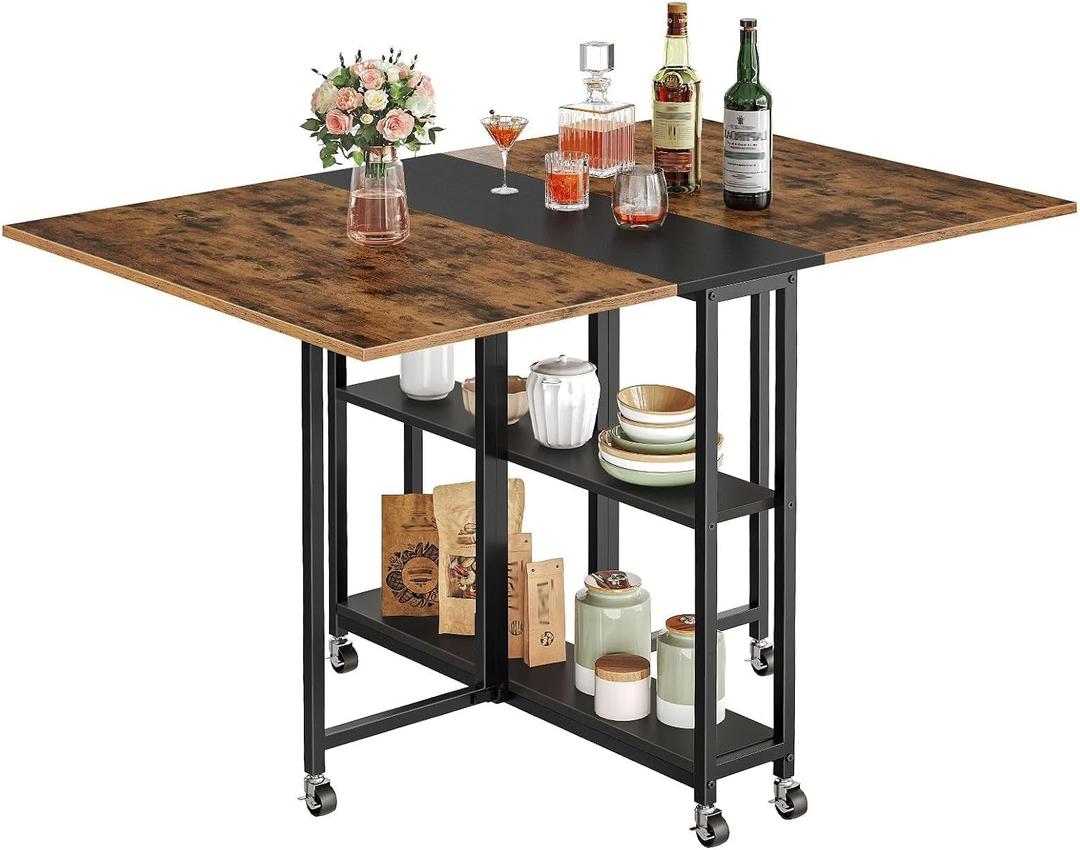 CHOEZON Folding Dining Table, Movable Dining Table, Expandable Kitchen Table, Versatile Table with 6 Wheels and 2-Tier Shelf, for Dining, Living Room, Apartment, Rustic Brown TCZ01BF, 47.4"L x 31.5"W x 30.1"H