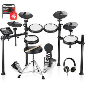 Donner DED-200X Electronic Drum Set, Electric Drum Kit with Quiet Mesh Drum Pads, 2 Cymbals w/Choke, 31 Kits and 450+ Sounds, Throne, Headphones, Sticks, USB MIDI, Melodics Lessons (5 Pads, 4 Cymbals)