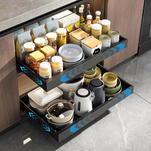 Mustorn 2 Pack Pull Out Cabinet Organizer, Expandable Slide Out Drawers for Kitchen Cabinets Peel and Stick Pullout Drawer Heavy Duty Sliding Shelves for Cupboard, Pantry, Bathroom(16.5" Deep, Black)