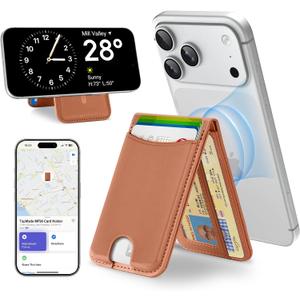 TopMade for MagSafe Wallet, Works with Apple Find My, Strongest Magnetic Wallet with Stand, 6 Card Holder, RFID Blocking, Magnetic Card Holder for iPhone 17/16/15/14/13/12 Series, Rechargeable, Brown