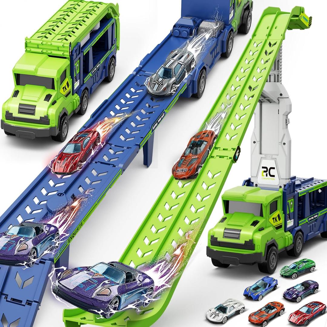 Truck Car Toys for 3, 4, 5, 6, 7, 8 Years Old Kids, Carrier Truck Race Track Toys, Foldable Transport Car Toys with 2 Foldable Race Tracks, 6 Metal Cars, Birthday Gifts for Toddler Boys Girls