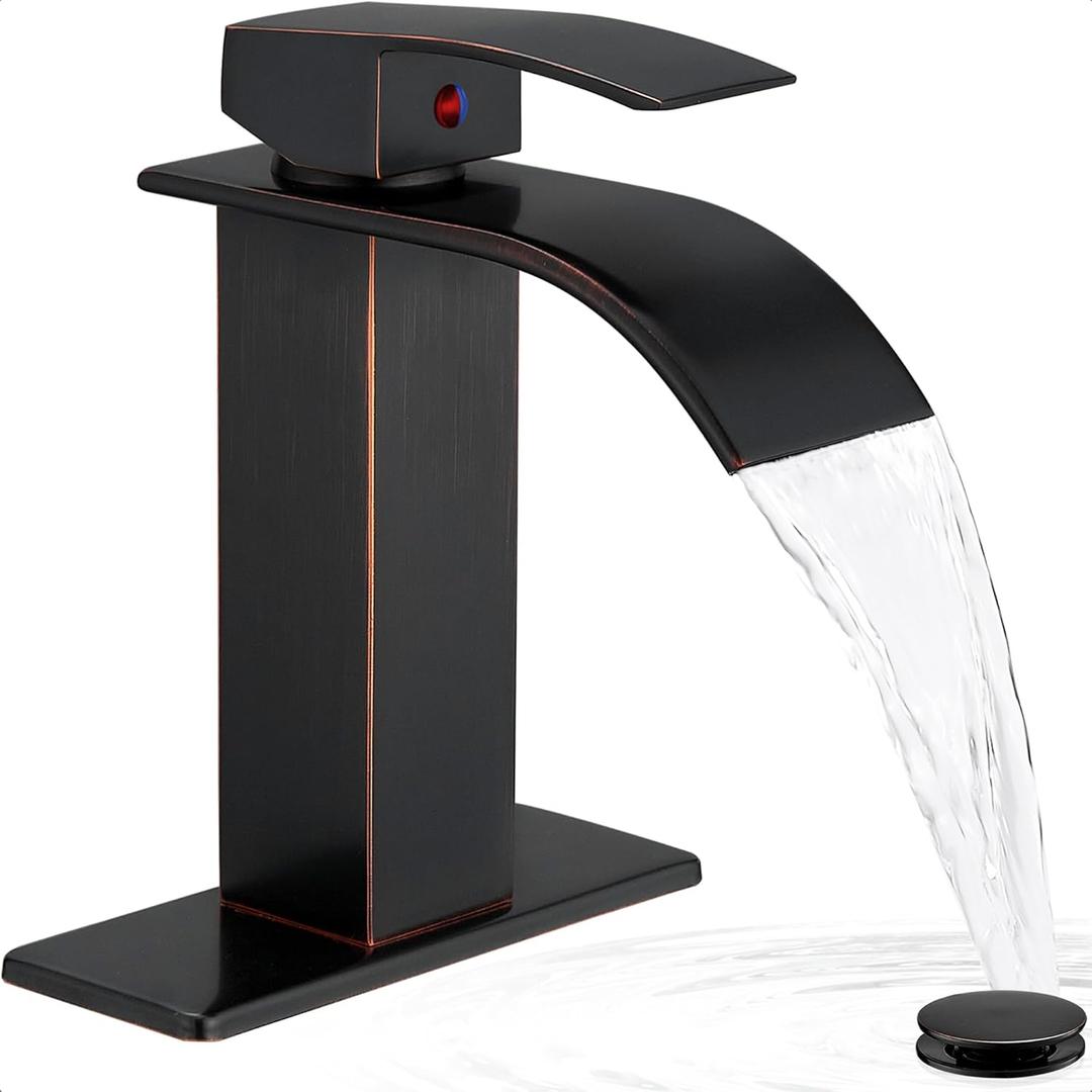 Waterfall Bathroom Faucet Oil Rubbed Bronze, Brass 4 Ins Bathroom Faucets One Hole or 3 Hole, Single Handle with Deck Plate, Pop-up Drain & Water Hose