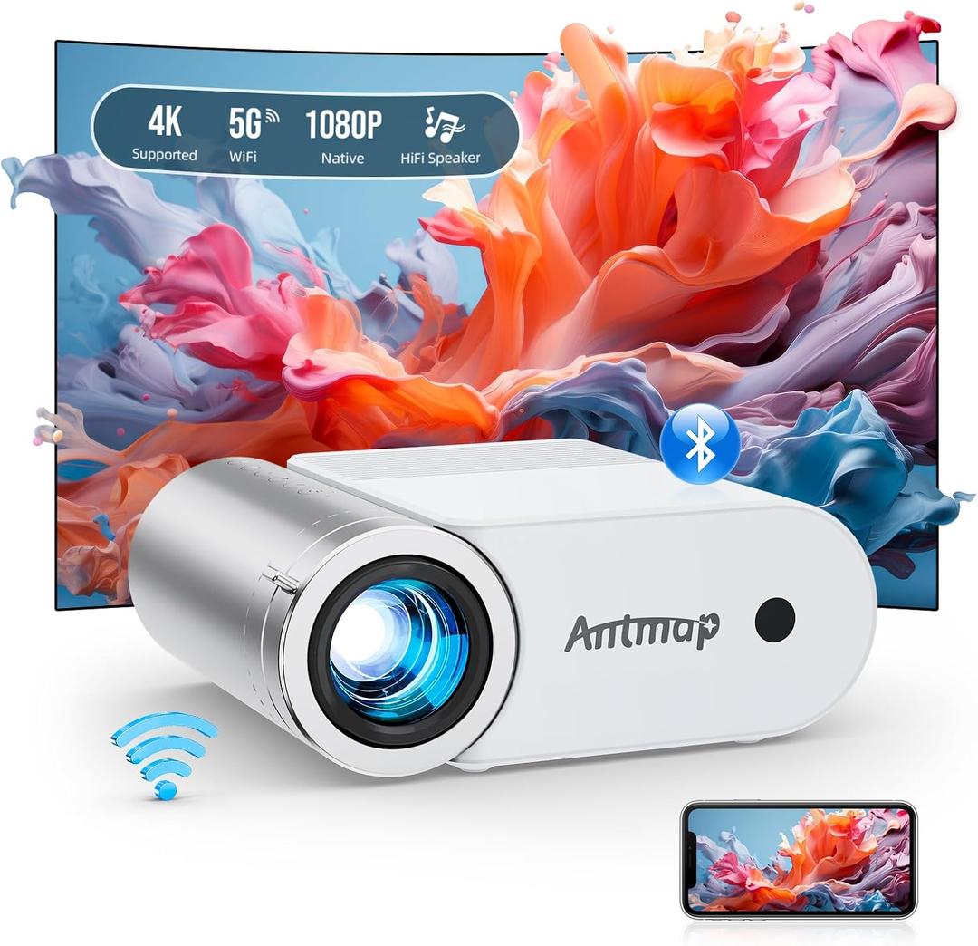Antmap Mini Projector with WiFi and Bluetooth, 1080P Support Portable Projector for iPhone, 200” Portable Projectors for Bedroom, Compatible with Phone/Pad/Laptop/TV Stick