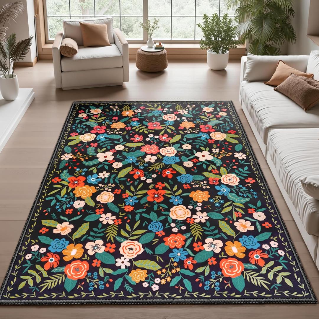 Joiedomi 5'x7' Area Rugs for Living Room Non-Slip Washable Rug with Rubber Backing Large Soft Boho Floral Carpet for Bedroom Kids Nursery Dining Room (Black)