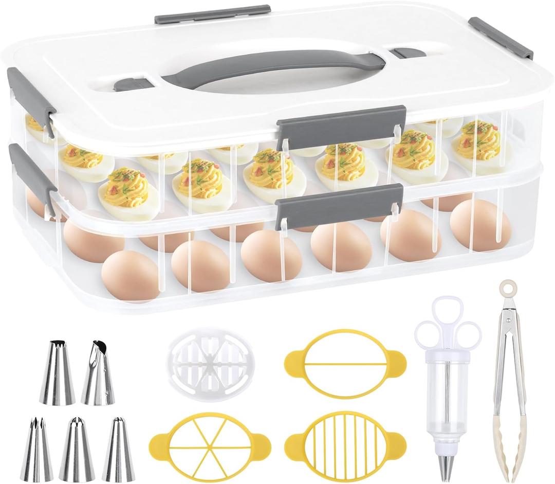 2-Layer Deviled Egg Containers with Lid, 36 Slots Refrigerator fridge organizers and storage egg cartons with Handle for Easter, with Slicer Kitchen Tongs Piping Decorating Kit