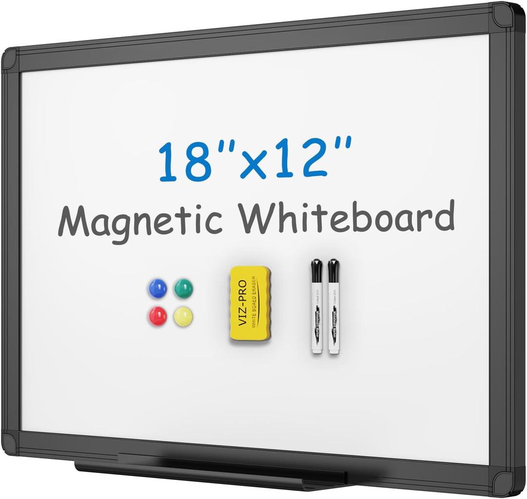 VIZ-PRO Magnetic Whiteboard/Dry Erase Board with Black Aluminium Frame, 18 X 12 Inches, Includes 1 Eraser & 2 Markers & 4 Magnets