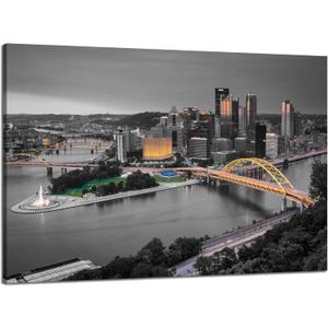 Black and White Pittsburgh Wall Art Pennsylvania Pittsburgh Wall Decor Picture Canvas Print Pittsburgh Painting Poster Framed Home Living Room Bedroom Decoration Ready to Hang(36''Wx24''H)