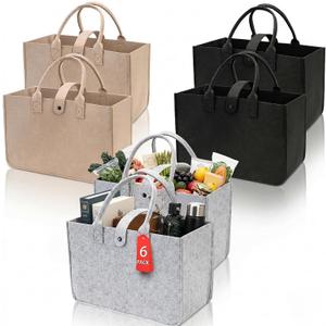 ZOOFOX 6 Pack Foldable Felt Tote Bags Bulk, Reusable Grocery Shopping Bags with Reinforced Handles and Button, Colorful Utility Tote for Gifts, Clothes, Books