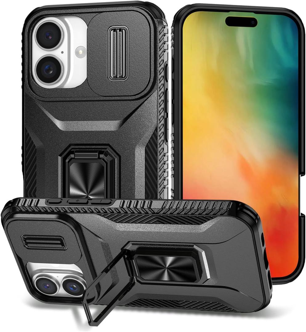 Magnetic Case for iPhone 16, Phone Case iPhone 16,iPhone 16 Case with Camera Cover & Kickstand Military Grade Shockproof Case for iPhone 16 Black