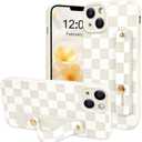 NITITOP Compatible with iPhone 13 Case with Wrist Strap Kickstand Cute Trendy Checkerboard Plaid for Women Girls Slim Fit TPU Silicone Shockproof Full Camera Protective Cover - White