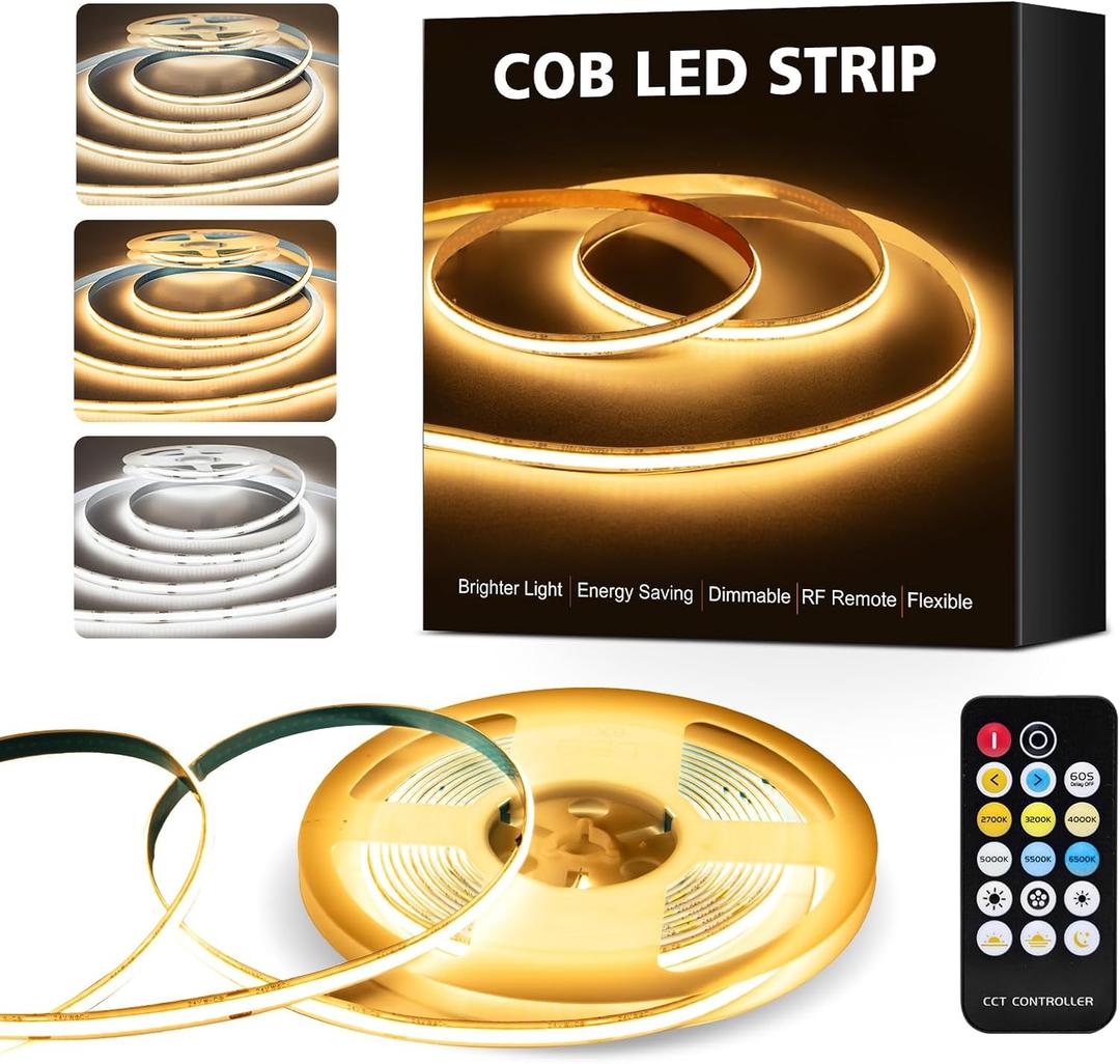 COB LED Strip Lights, 16.4Ft Dimmable White(2700K-6500K) LED Lights for Bedroom with RF Remote, 24V Ultra Bright 2800 LEDs High Density Under Cabinet Lighting for DIY TV LED Backlight Mirror Kitchen