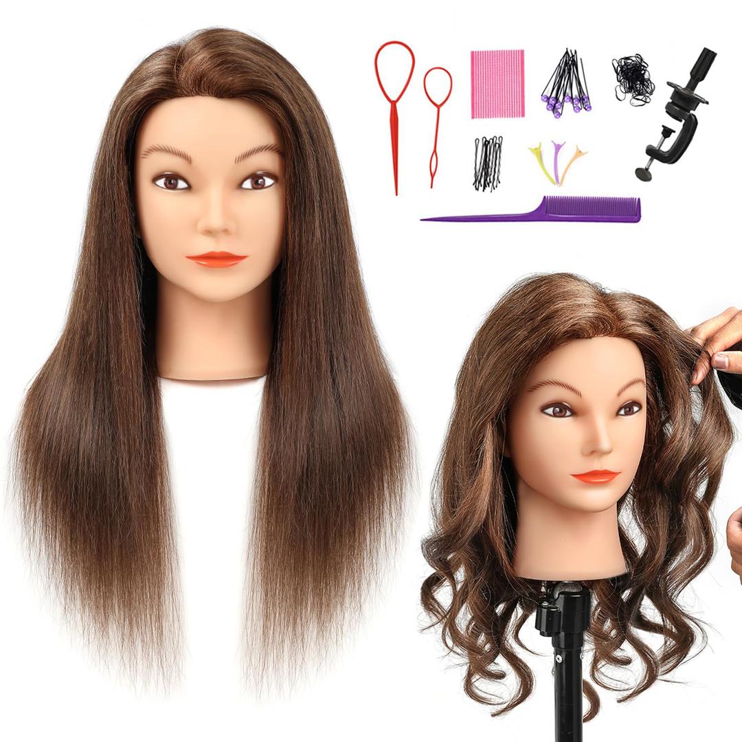 SOPHIRE 20-22 inches 100% Real Human Hair Mannequin Head, Hairdressers' Practice Training Head and Cosmotology Doll Head for Hairstyling and Braid - Dark Brown