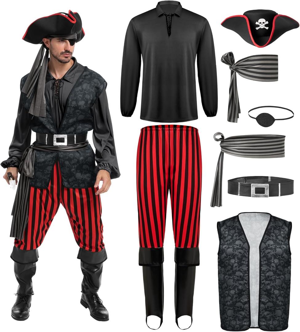Spooktacular Creations Men Pirate Costume, Adult Pirate Shirt Vest Viking Pants Hat Set for Halloween Themed Parties (X-Large, Black)
