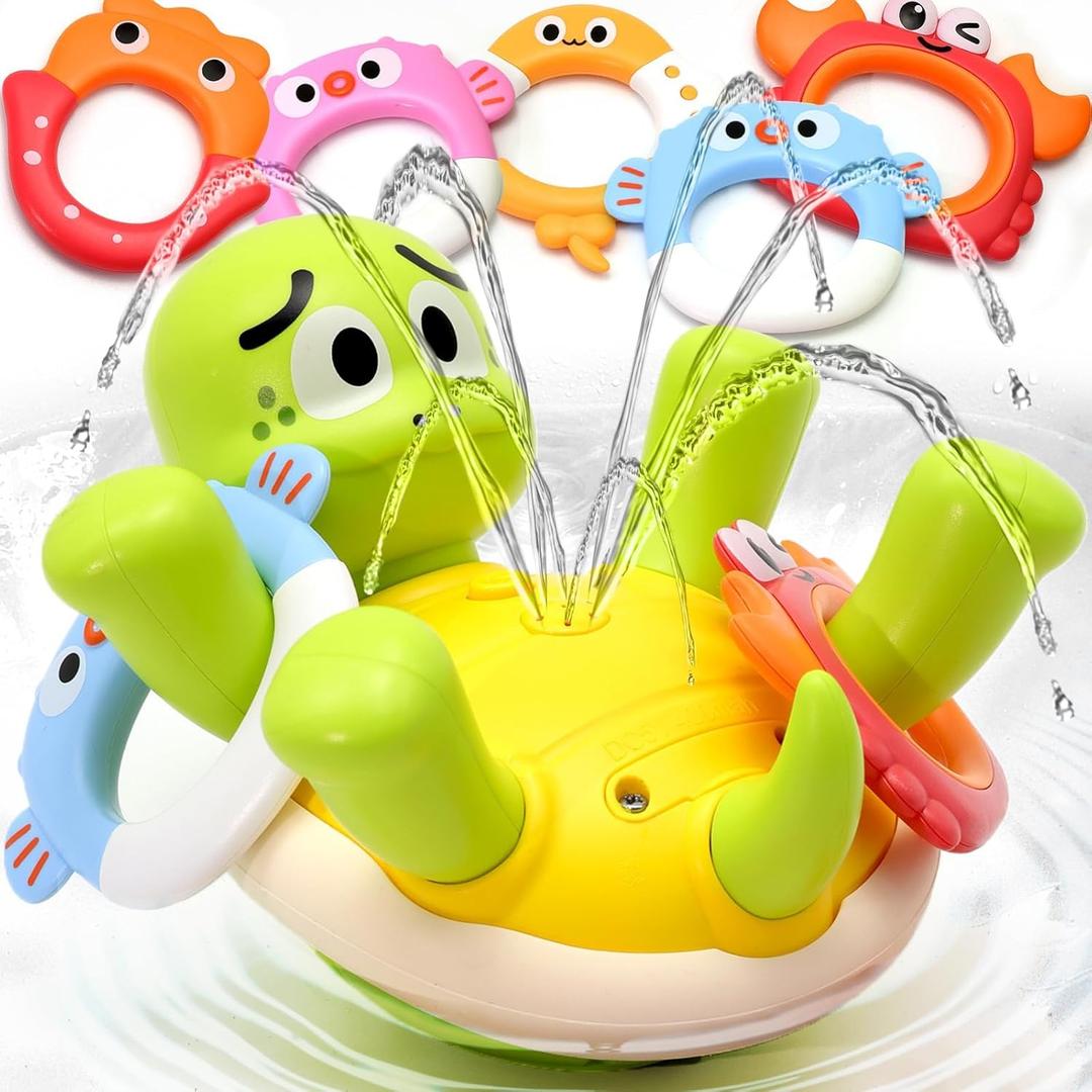 Sizobi Baby Bath Toys, Rechargeable Turtle Bath Toy Sprinkler for Toddler with 5 Rings, Bathtub Fountain Spray Toy,Pool Water Bath Toys for Kids Ages 1-3 Boys Easter Basket Stuffers Birthday Gifts