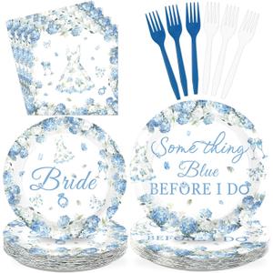 96Pcs Hydrangea Bridal Shower Party Supplies Something Blue Before I Do Paper Plates and Napkins Blue White Floral Hydrangea Tableware Sets for Wedding Engagement Bachelorette Party Supplies Serves 24