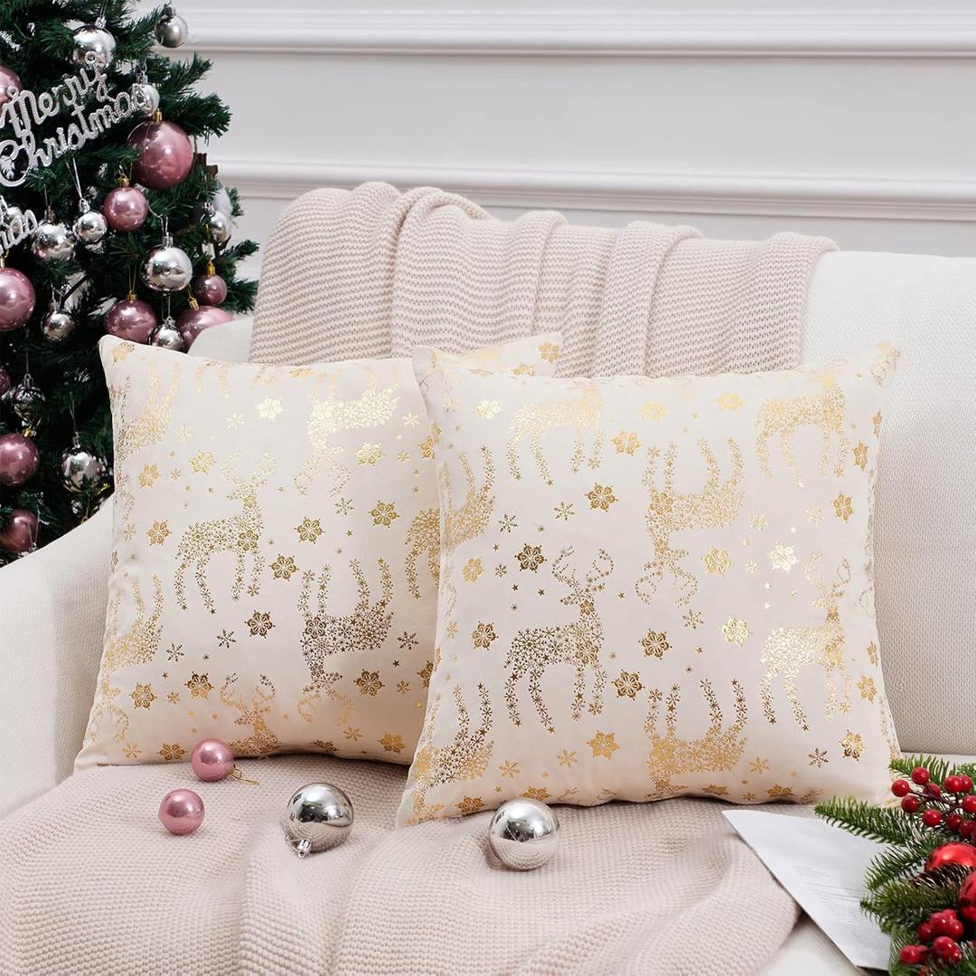 Topfinel Christmas Pillow Covers 18x18 Set of 2,Xmas Cream Velvet Snowflake Reindeer Decorative Pillow Case Winter Holiday Decor for Home Couch,White and Gold