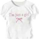 RoseSeek Girl's Graphic Tee Crew Neck Letter Bow Print Crop Tops Casual Cute Short Sleeve T Shirt (White)