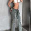 WDIRARA Women's Rivet Lace Up Flare Jeans Y2K Punk Low Waisted Zip Back Denim Pants Medium Wash 30