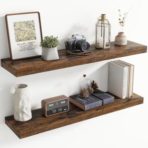 40 Inch Floating Shelves for Wall, 8 Inch Deep Floating Shelf for Storage & Display, Wall Mounted Shelf with Invisible Brackets for Living Room, Kitchen, Bathroom, Home Decor, Set of 2, Rustic Brown