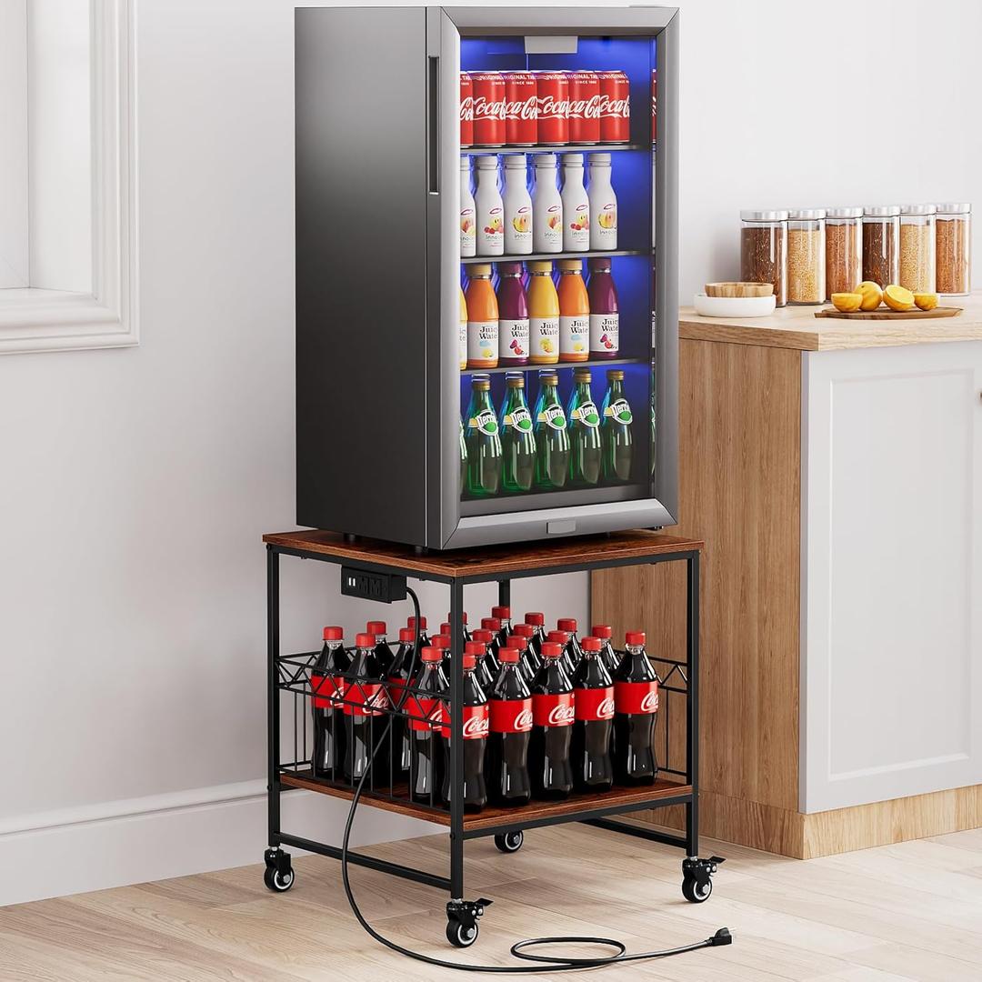 Portin Stand for Mini Fridge and Microwave - 220 LBS Capacity, with Wheels, Charging Station, USB Ports and Outlet, Heavy Duty Stand Table for Home, Office, Dorm, Apartment, Kitchen
