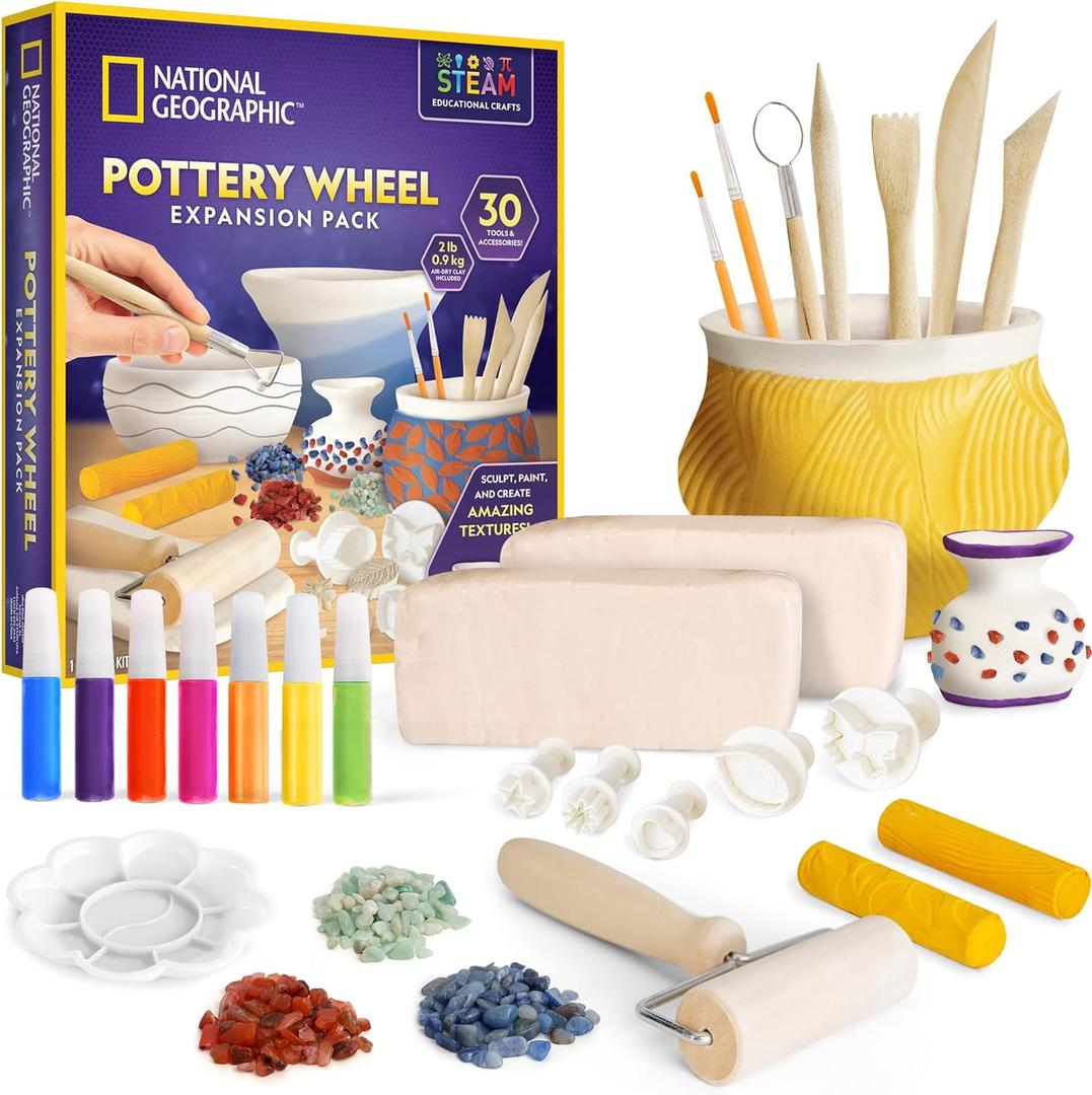 National Geographic Pottery Wheel Refill Kit  2 lbs. Air Dry Clay, 30 Pottery Tools & Accessories, Gemstone Chips, Sculpting Clay Tools, 7 Paints & More, Great Craft Kit for Kids