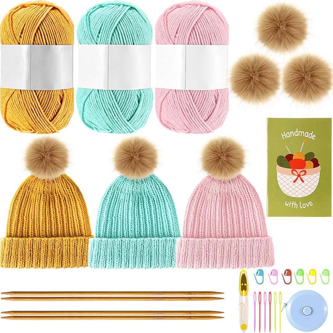 Maasechs Knitting Kit for Beginners Adults Complete Hat Knitting Kits Learn to Knit Kits with Yarn Bamboo Needle Pom Pom Step-by-Step Instruction Knit Accessories for Mother Women Men Gifts(Bright)