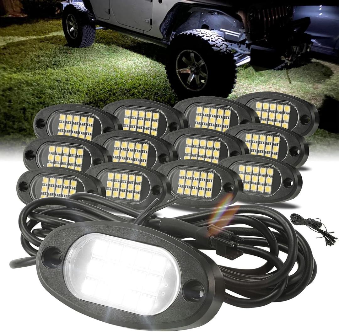 Winunite 12 Pods Quick Connect White Rock Lights, 4M Extension Wires Each Light, 15 SMD Chips, High Adhesive Stickers, 6000K Pure White, IP67 Waterproof, Fit for Trucks Trailer SUV ATV UTV