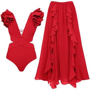 Women's Swimsuit Bodysuit Sleeveless Floral Print One Piece Swimsuit Bathing Suit + Ruffle Skirt, Bikini 2pcs 3pcs Set (Small)