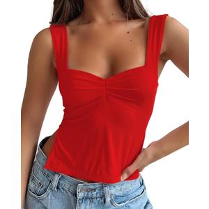 ForeFair Women Sleeveless Backless Crop Tank Top Summer Going Out Outfits Cute Pleated Sweetheart Neck Strappy Y2K Slits Tops (Small, Red)