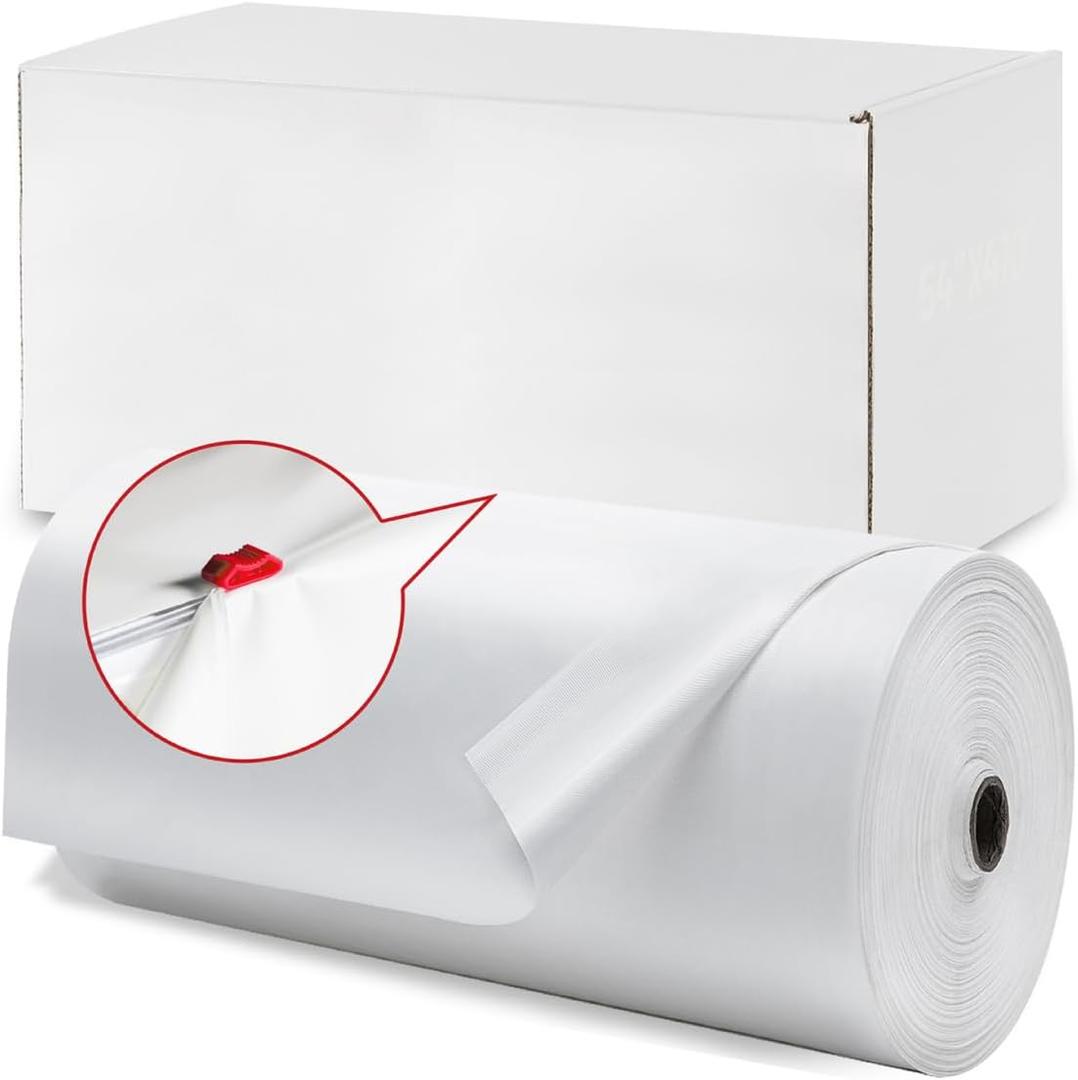 Plastic Table Cloth, 410 Ft X 54 in Disposable Tablecloth White Plastic Tablecloth with Any Cut Sliding Cutters Premium Table Cover Roll for Picnics, Parties, Birthdays, Weddings Weddings