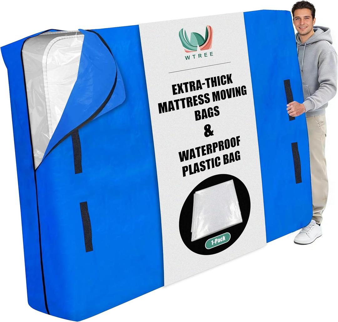 WTREE Double Shield Mattress Bag for Moving and Storage, 8 Reinforced Handles Mattress Cover with Internal Clear Mattress Protector, 170GSM Heavy Duty Tarp Mattress Mover Tool, Queen