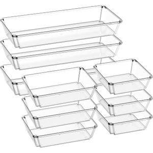 9 Pack Large Clear Plastic Drawer Organizer Trays, Desk Drawer Organizers and Storage Dividers, Non-Slip Storage Bins for Jewelry, Snacks, Office, Bathroom, Bedroom and Kitchen