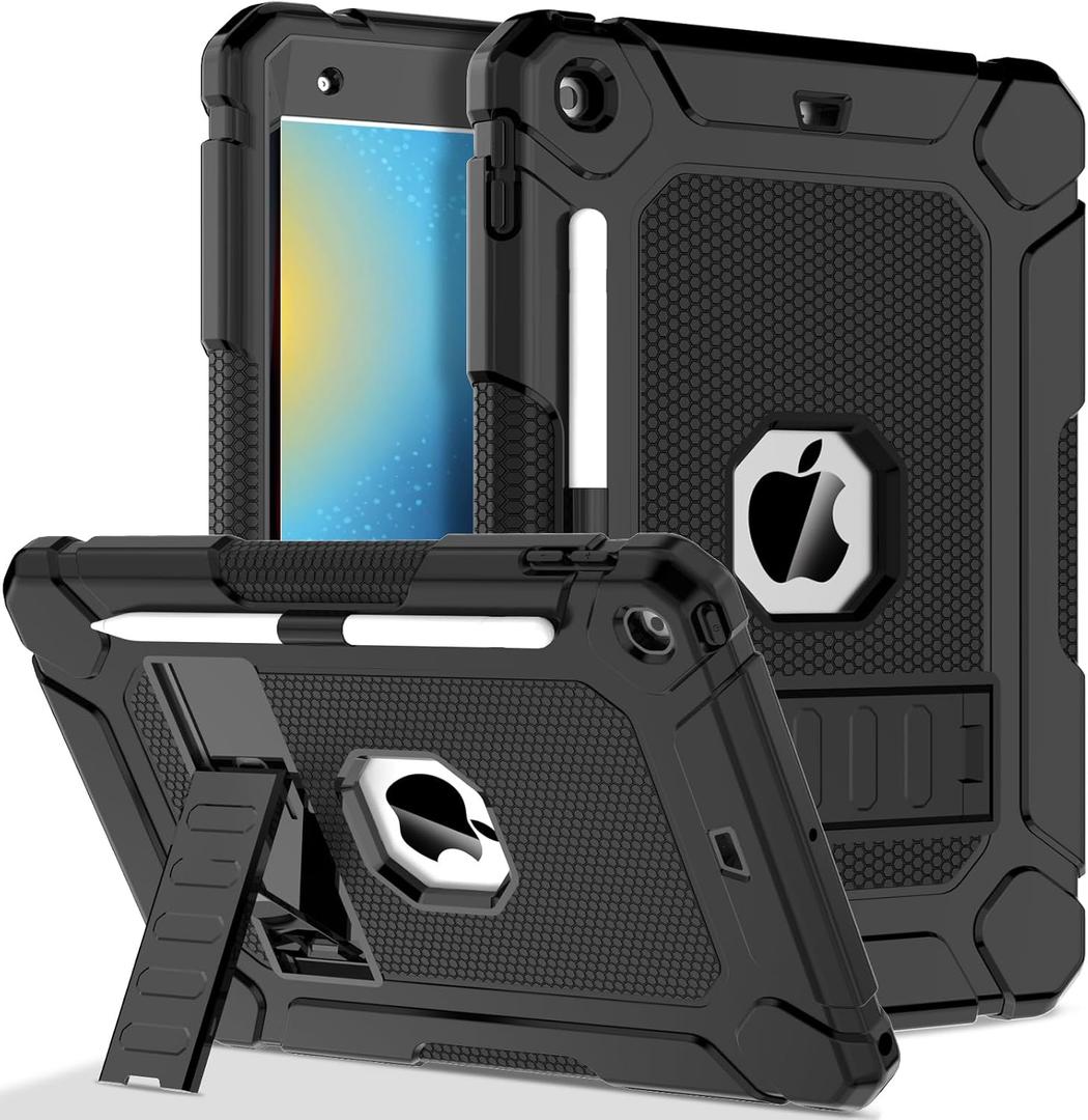 LTROP Case for iPad 9th/ 8th/ 7th Generation (2021/2020/ 2019) 10.2 Inch with Pencil Holder & Kickstand, Hybrid Shockproof Rugged Protective Case for iPad 9 8 7 Gen 10.2", Black