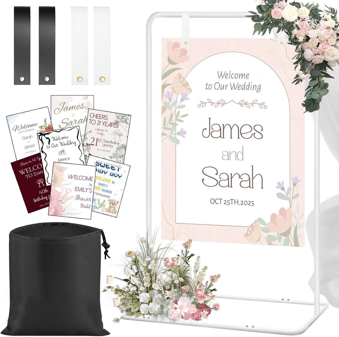 Adjustable Wedding Welcome Sign Stand with 2 Pair Hanging Straps, Welcome to Our Wedding Sign Holder Stand for Reception, Heavy Duty White Easel Stands for Sign Poster, Metal Floor Standing
