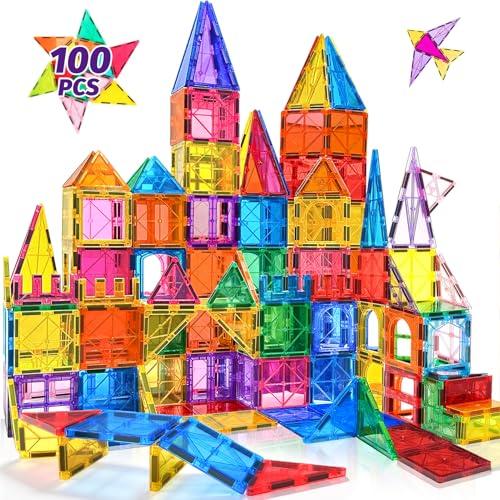 NVHH 100PCS Magnetic Tiles Blocks for Kids Ages 3-5 4-8,STEM Learning Educational Preschool Magnet Building Toys for Toddlers,Christmas Birthday Gifts Toys for 3 4 5 6 7 8+ Year Old Boys Girls