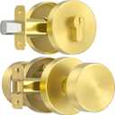 Gold Door Knob with Deadbolt Lock, Satin Brass Front Door Handle with Deadbolt Lock Set, Round Deadbolt and Exterior Door Knob with Key