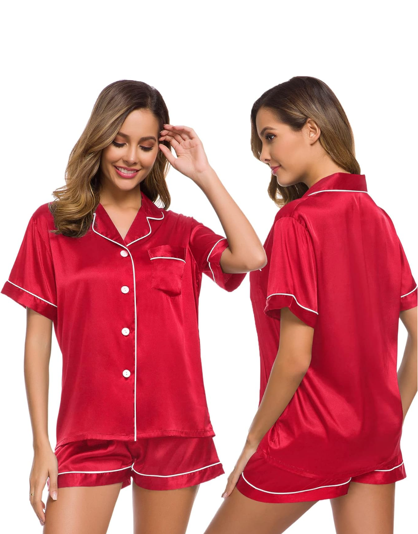 SWOMOG Womens Silk Satin Pajamas Set Short Sleeve Sleepwear Button Down Top and Shorts Loungewear 2 Piece Pjs Set, XXL