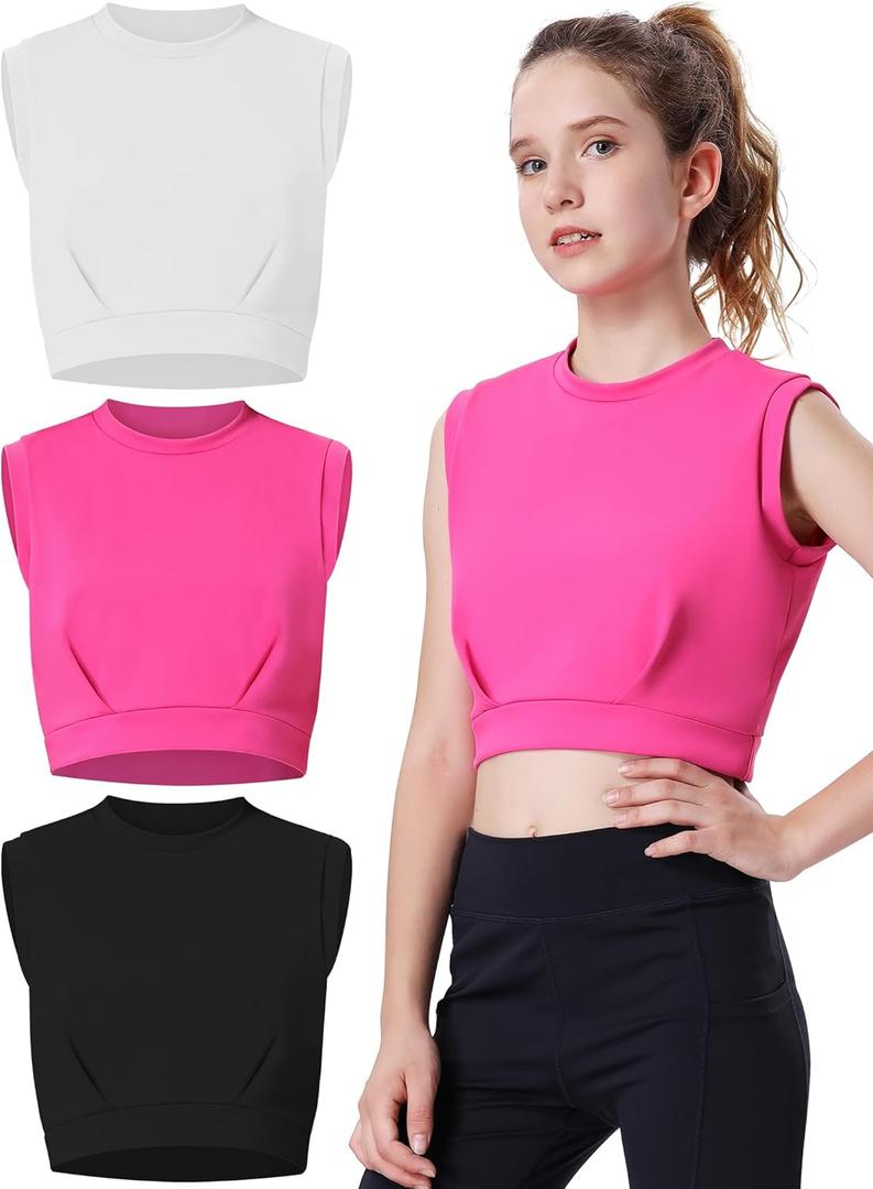 EXARUS Girls Tank Tops Dance Workout Athletic Crew Neck Sleeveless Elastic Waist Gym Crop Top Teen (12 Years, Set 1)