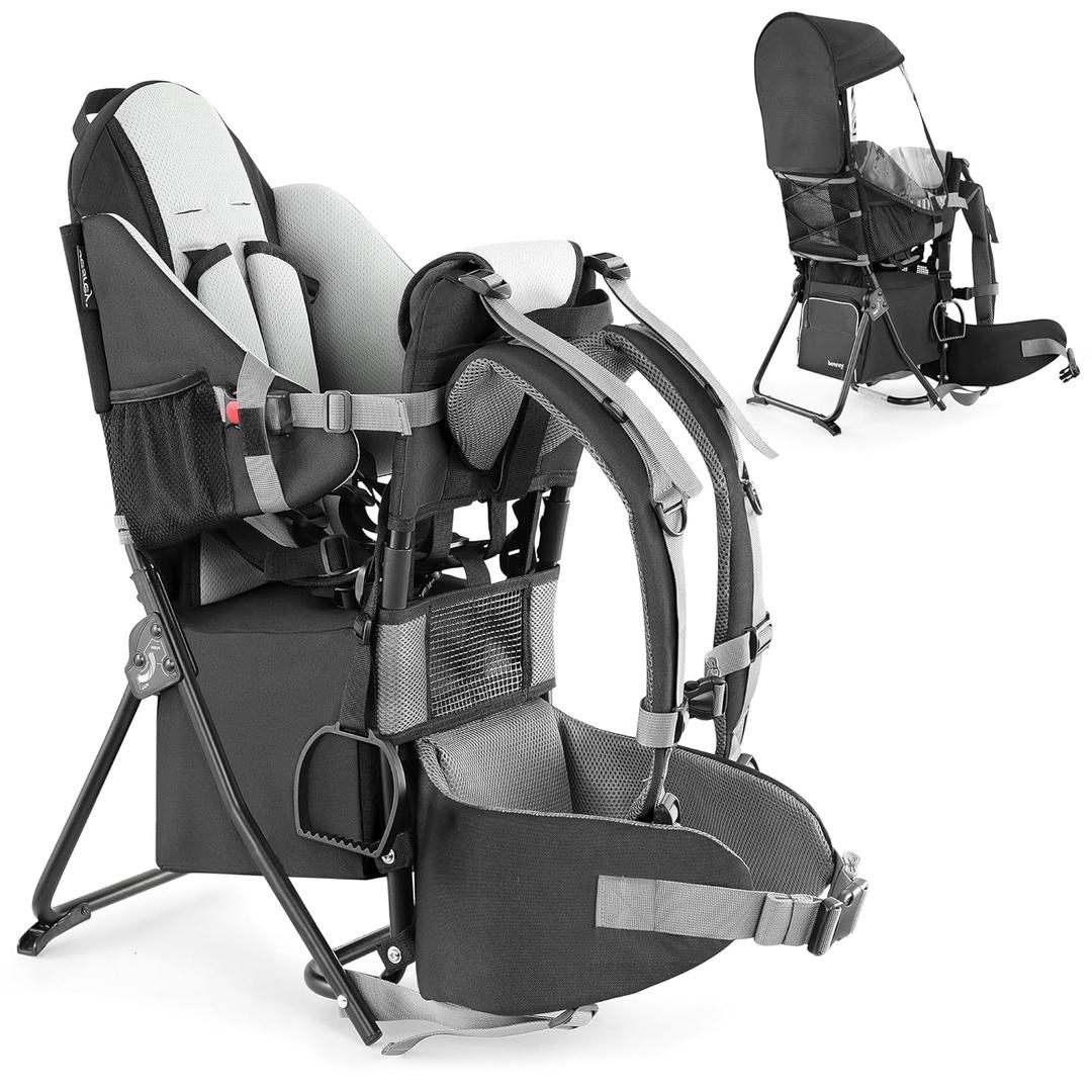 besrey Baby Backpack Carrier, Toddler Hiking Backpack with Safety 3-Height Seat, Adjustable Straps&Waist Belt, Foldable Frame Lightweight Large Capacity Child Carrier for Hiking (Black)