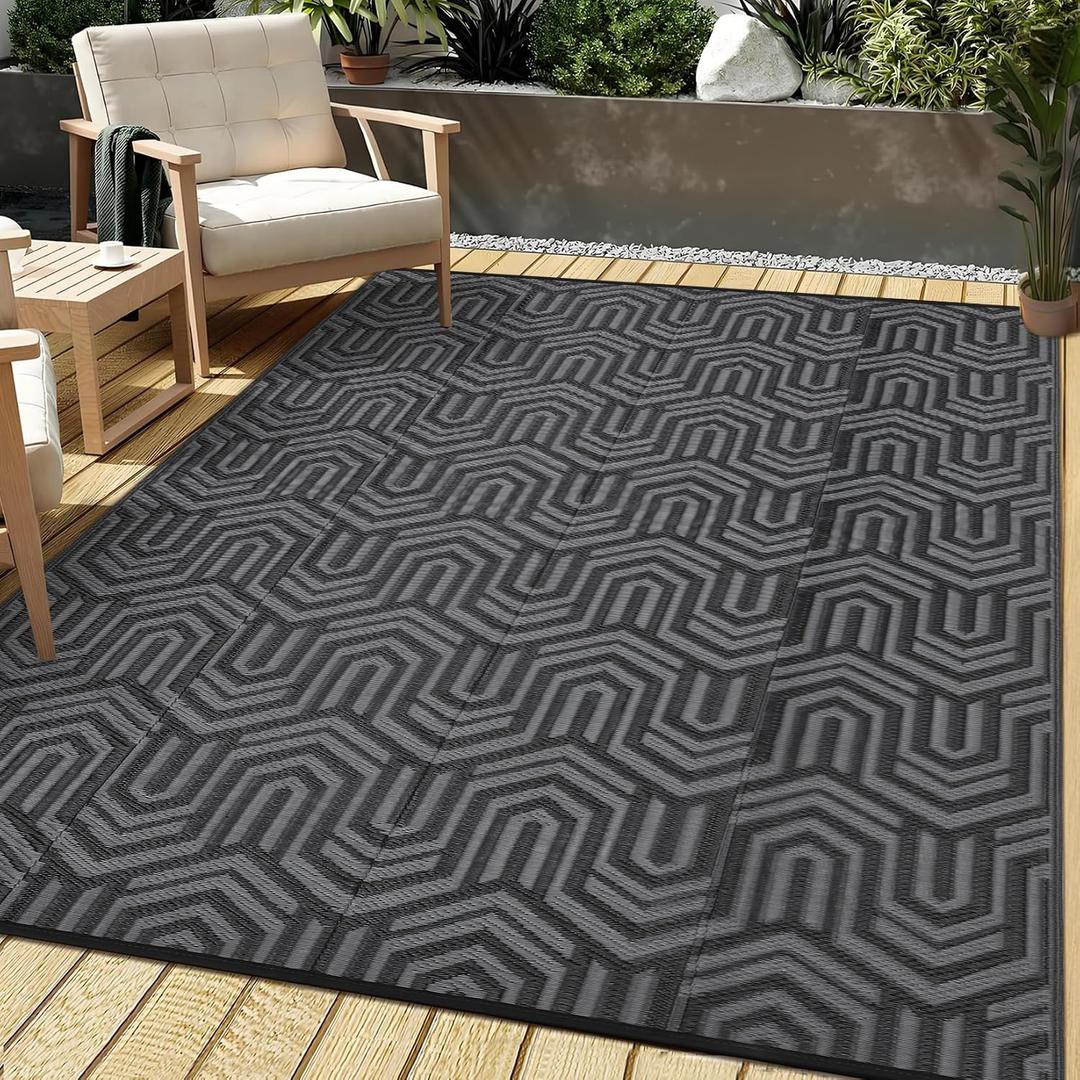 9x12 Outdoor Rug Waterproof Foldable Plastic Straw Carpet for Patio Porch Abstarct Line Reversible Mat Lightweight Floor Mat for Picnic, Backyard, Rv, Beach, Deck, Camper, Balcony，Black/Grey