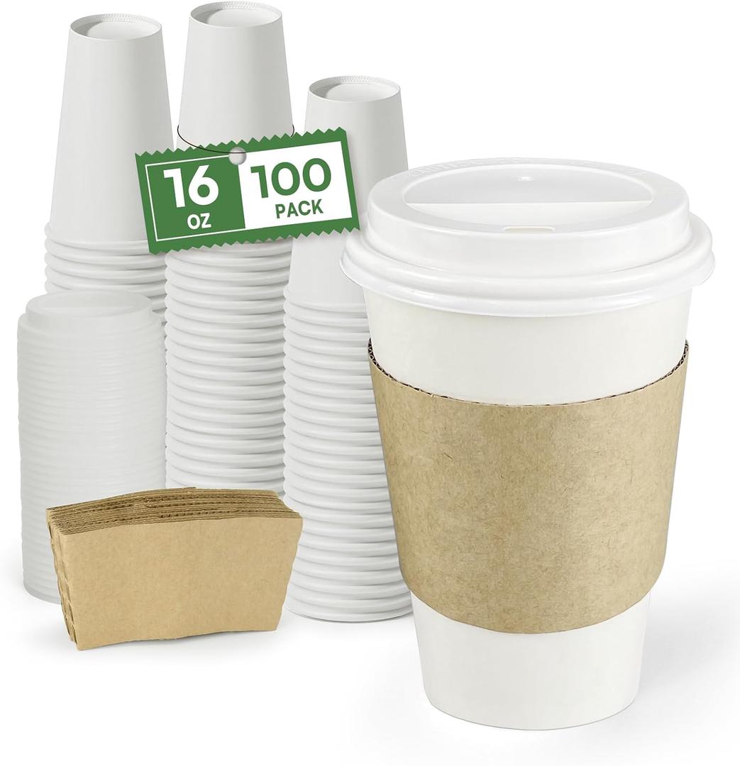 Disposable Coffee Cups with Lids 16 oz and Sleeves, 100 Pack Leak-Proof Paper CupsTo Go Hot Cups with Lids & Kraft Sleeves, BPA-Free for Cafe, Office and Daily Use