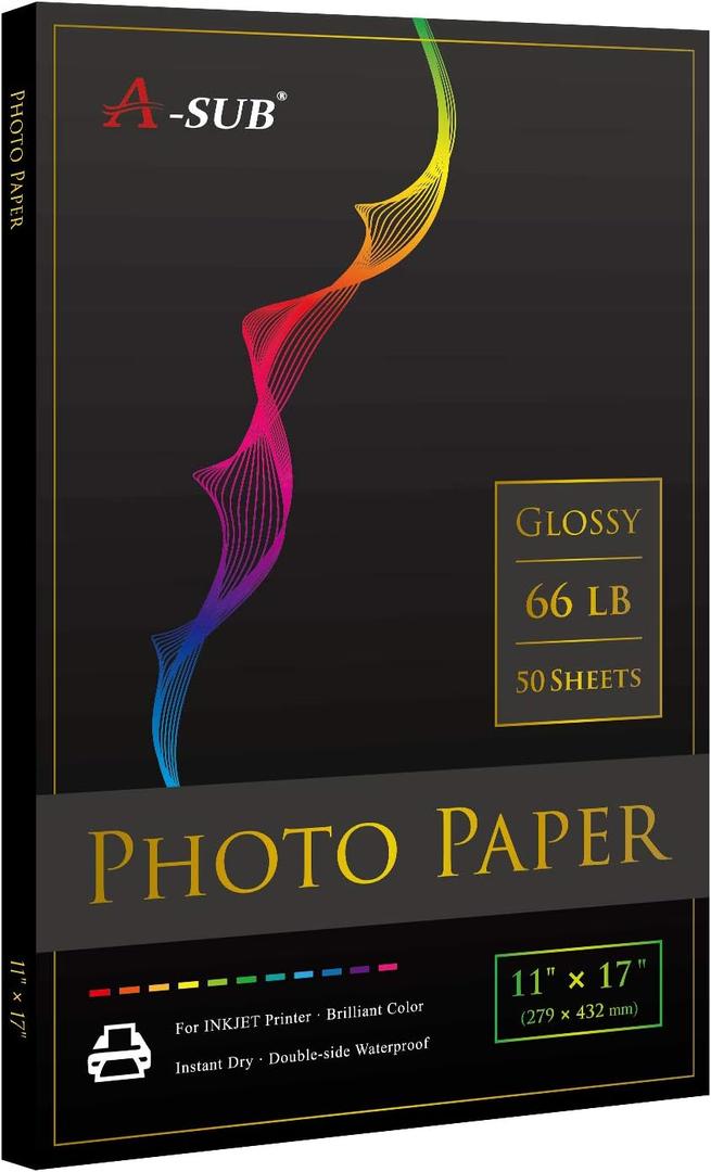 A-SUB Premium Photo Paper High Glossy 11x17 Inch 66lb for Inkjet Printers 50 Sheets, Single Sided