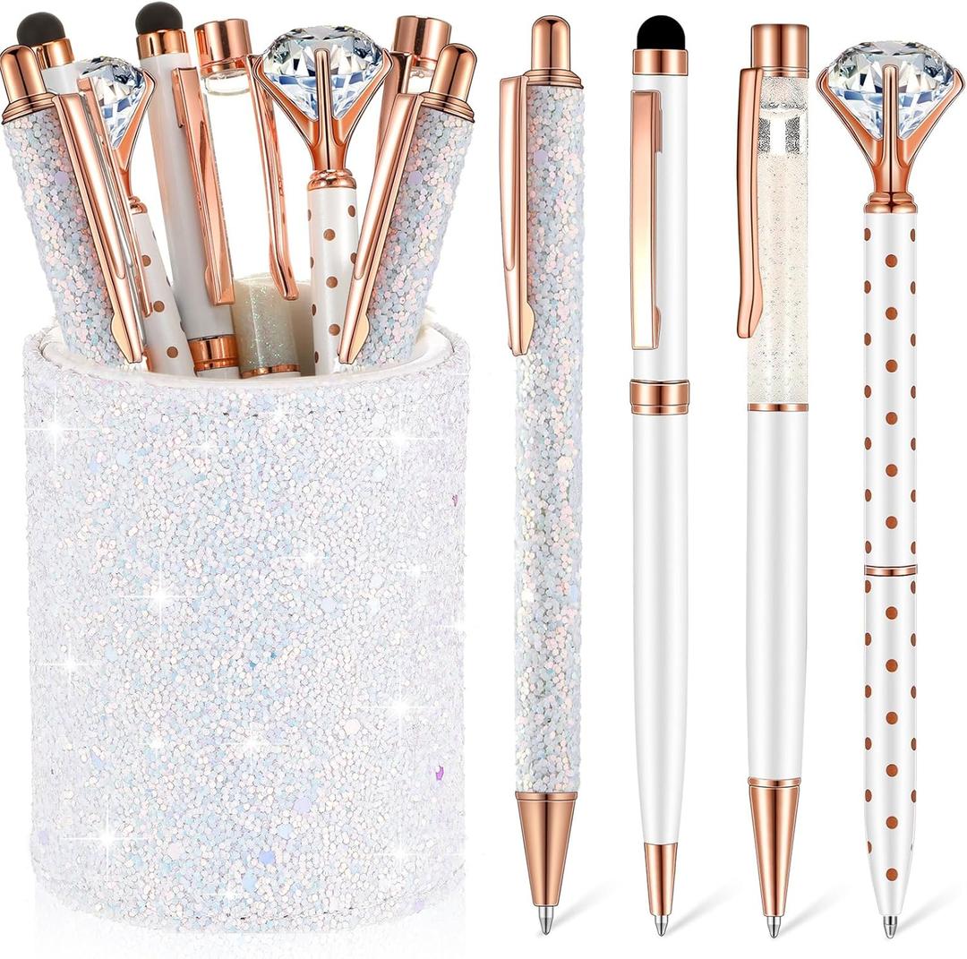 Sabary 8 Pcs Ballpoint Pens with Pen Holder for Desk Glitter Crystal Diamond Fancy Pencil Holder Bling Desk Organizer Cute Stationery Supplies for Women Girls Wedding Office School Gifts(White)